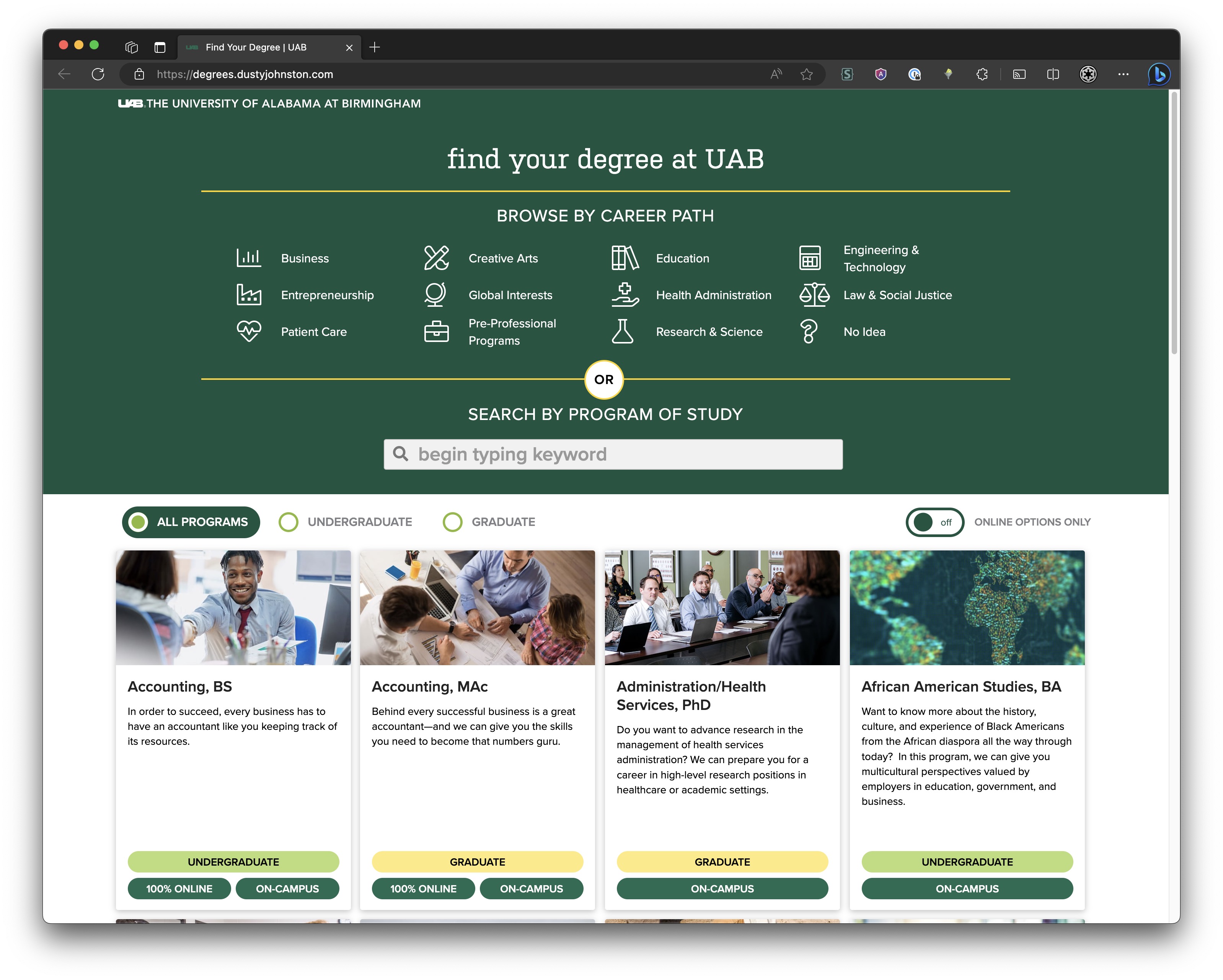 screen capture of the Degrees website