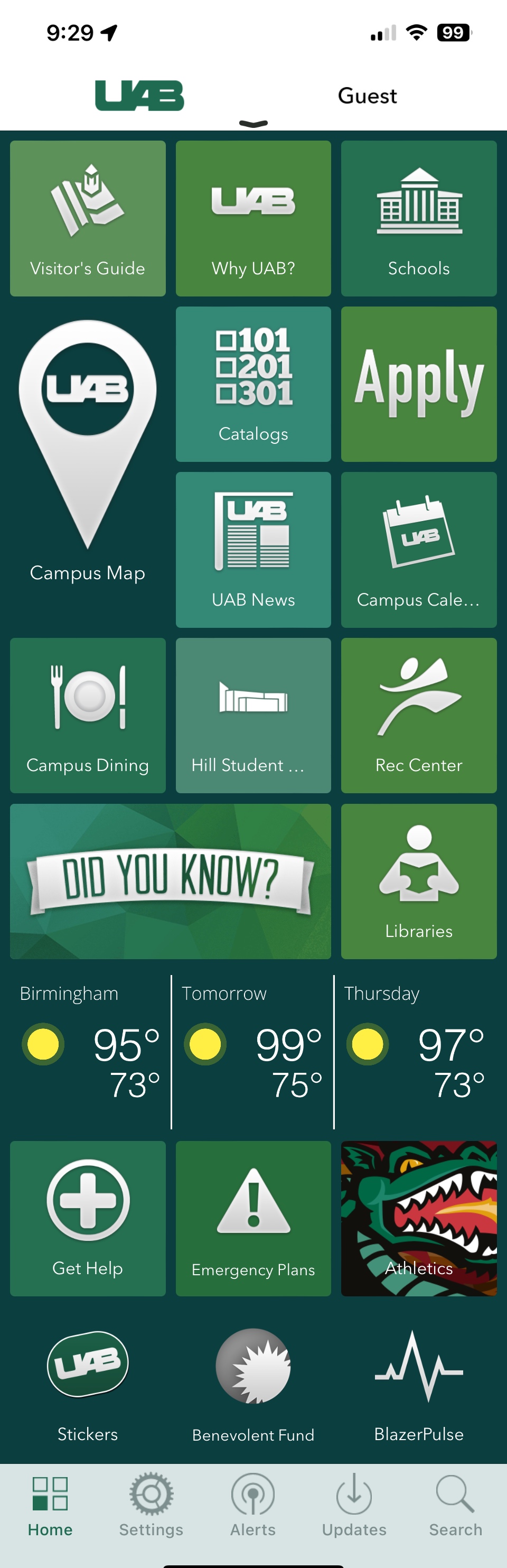 screen capture of the UAB Mobile App showing several tiles
